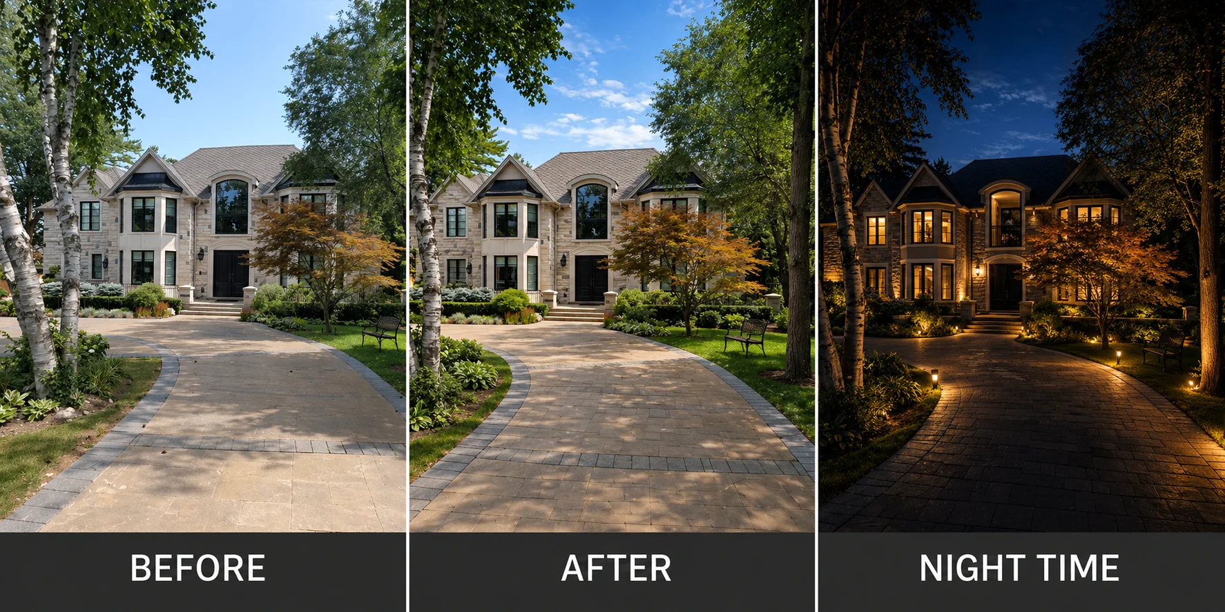 Before, after and nighttime comparison of a residential driveway landscape.