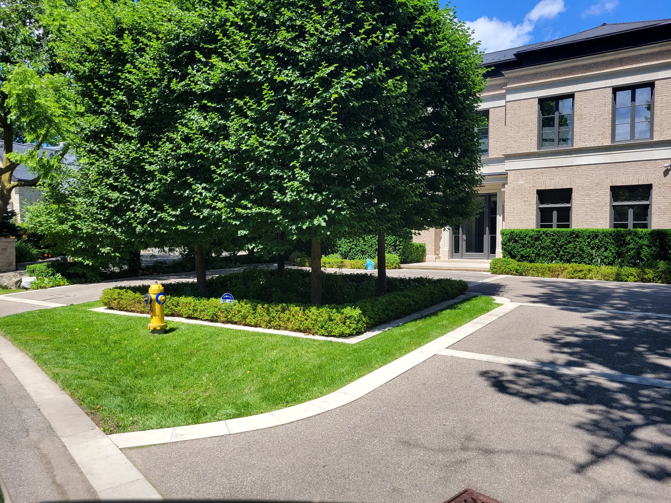 Formal residential front landscape with structured hedges.